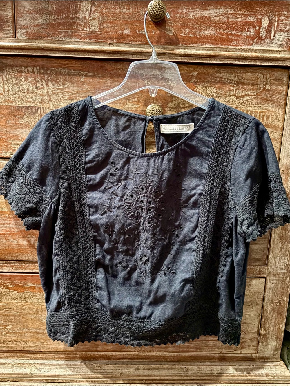 Abercrombie & Fitch Navy Embroidered Cotton Short Sleeve Top